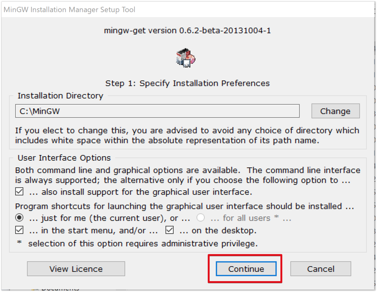 MinGWインストーラのダウンロード