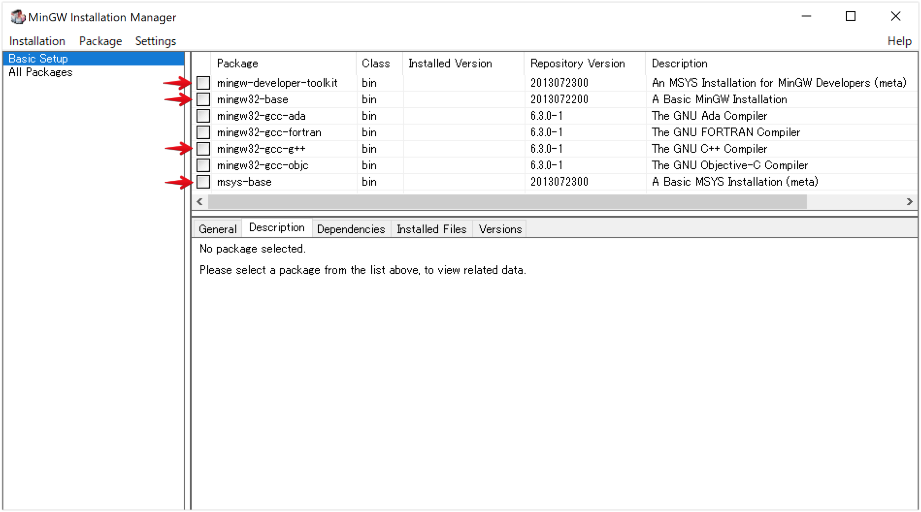 MinGWインストーラのダウンロード